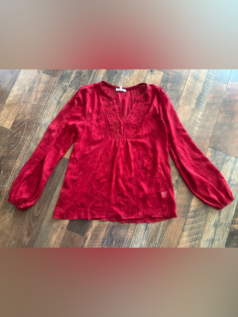 Maurices Red V-Neck Pintuck Long-Sleeve Blouse